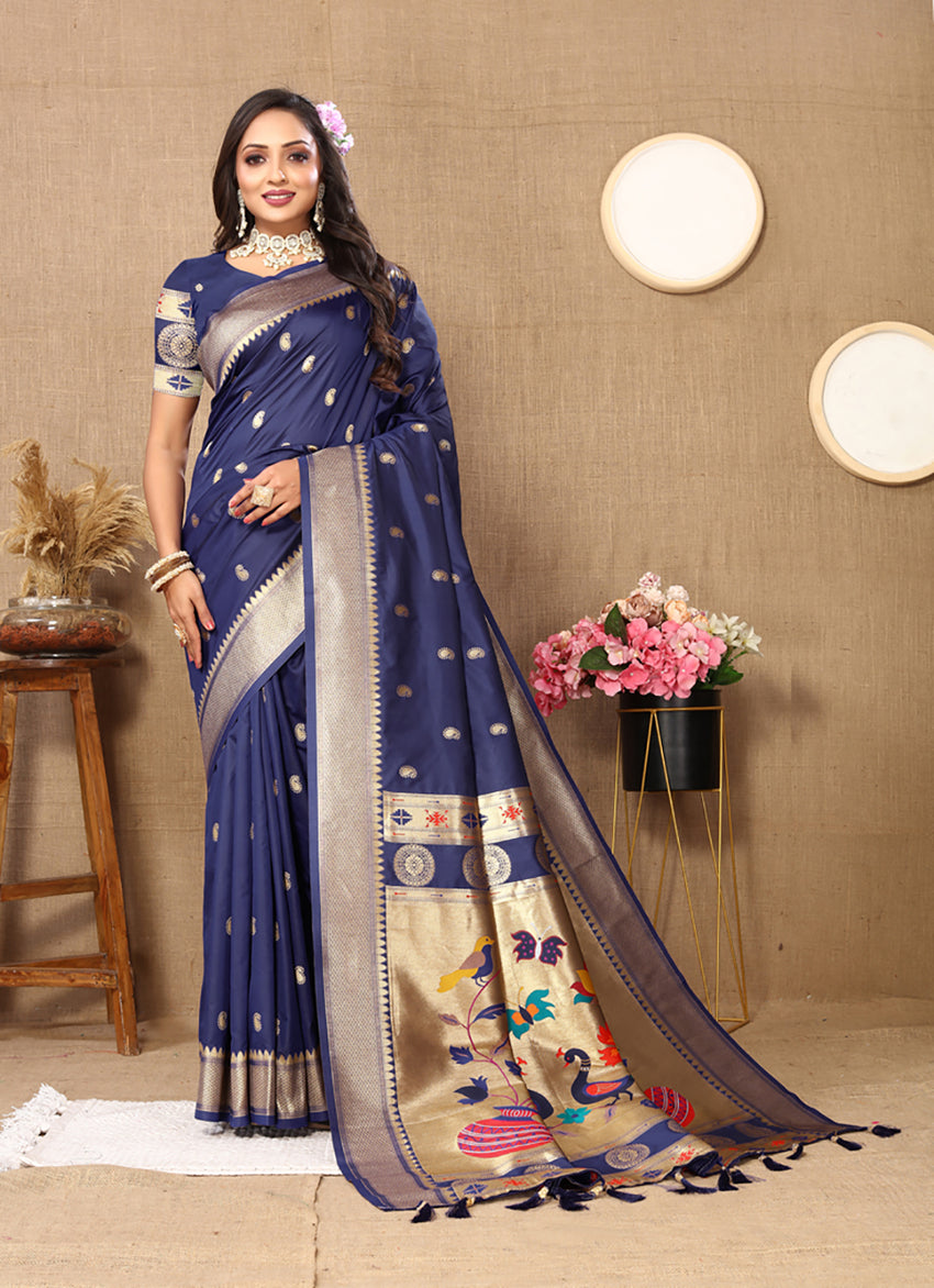 Navy Blue Soft Paithani Silk Saree with Rich Zari Meenakari Weaving