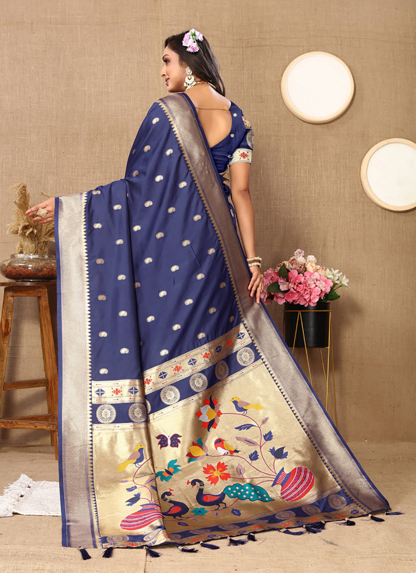 Navy Blue Soft Paithani Silk Saree with Rich Zari Meenakari Weaving