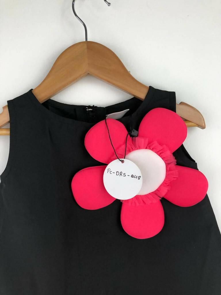 Girls Black Taffeta Dress with Pink and White Flower Appliqué