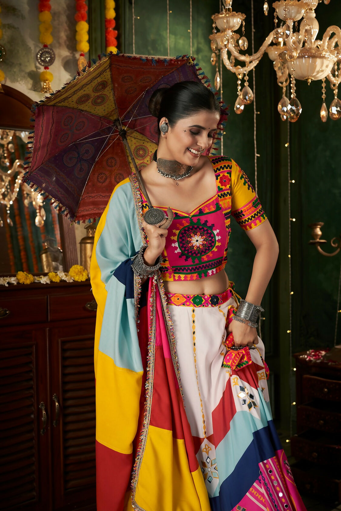 White Maslin Cotton Navratri Lehenga Choli with Yellow Blouse