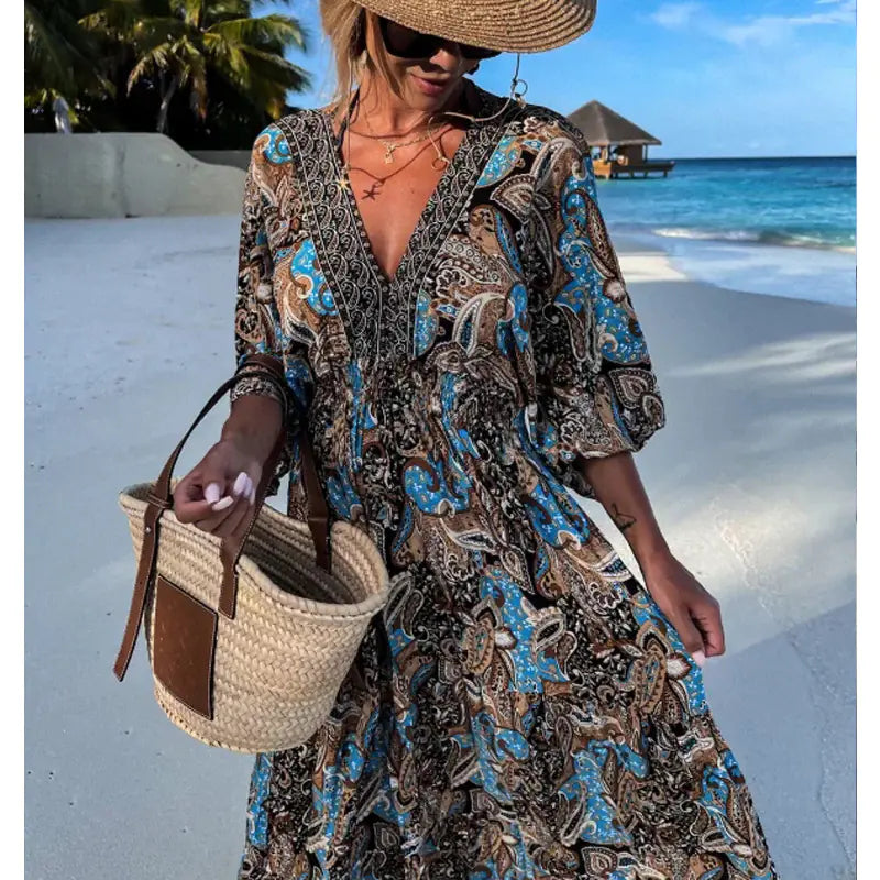 Women's Bohemian V-Neck Floral Maxi Dress