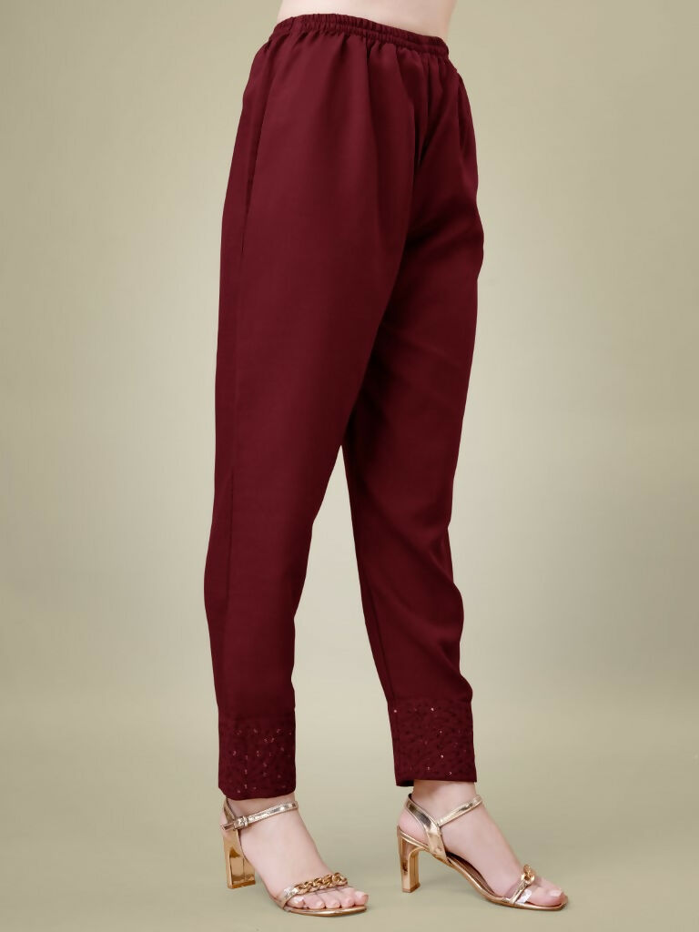 Jyoti Fashion Women's Maroon Cotton Blend Embroidery & Sequence work Kurta with Trouser & Dupatta