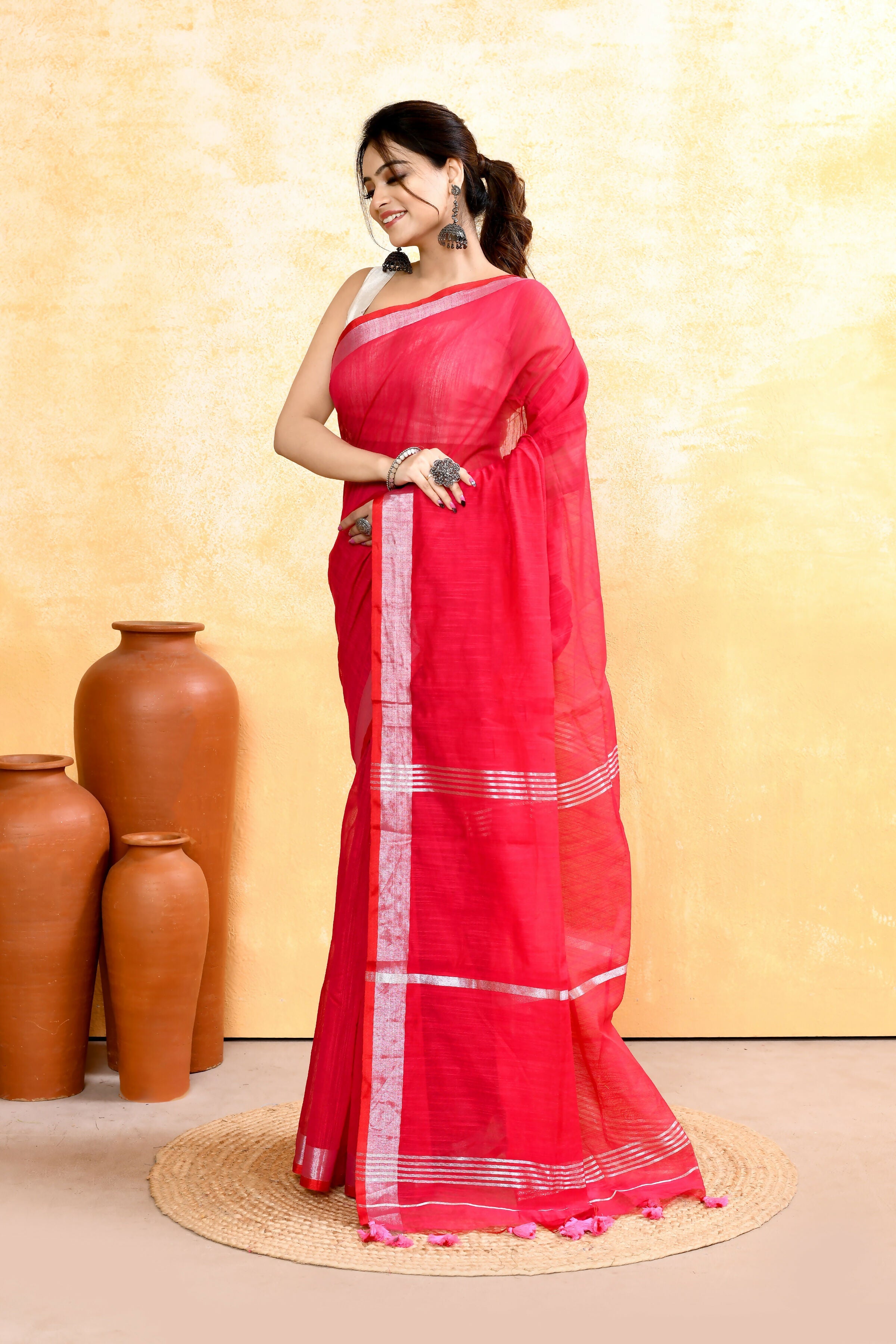 Rani Pink Embellished Handloom Saree with Zari Border
