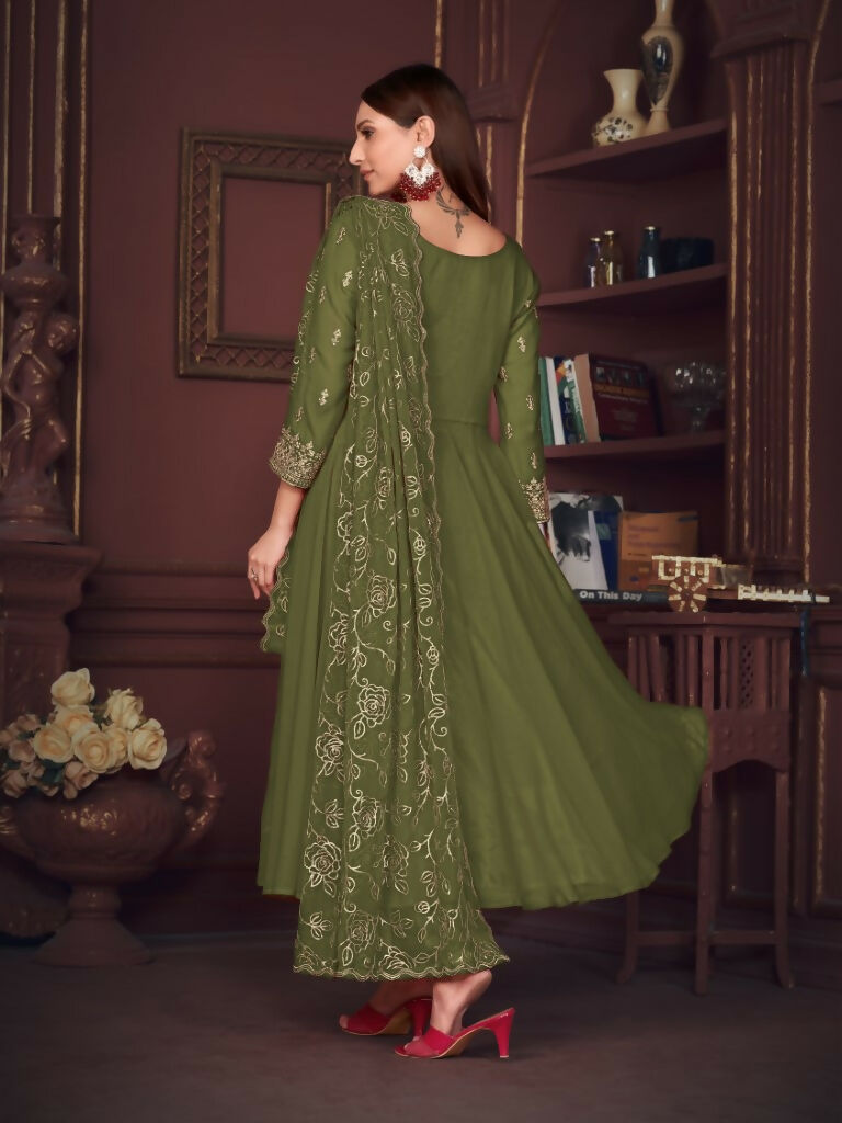 Women's Olive Green Georgette Embroidered Anarkali Kurta Pant Set