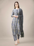 Women's grey rayon printed kurta with embroidery and lace details, includes trousers and dupatta