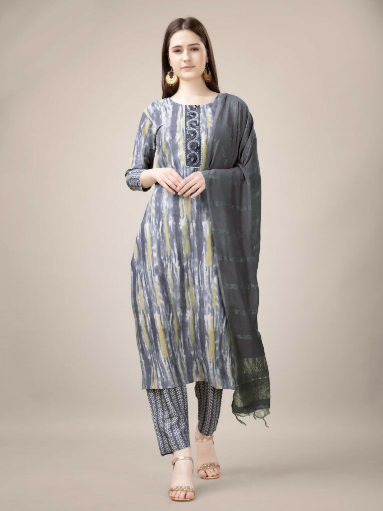 Women's grey rayon printed kurta with embroidery and lace details, includes trousers and dupatta