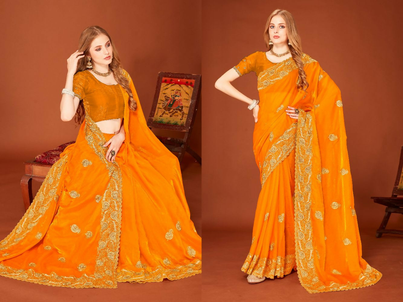Mustard Fendi Two Tone Silk Saree with heavy Zari embroidery and Zircon embellishments