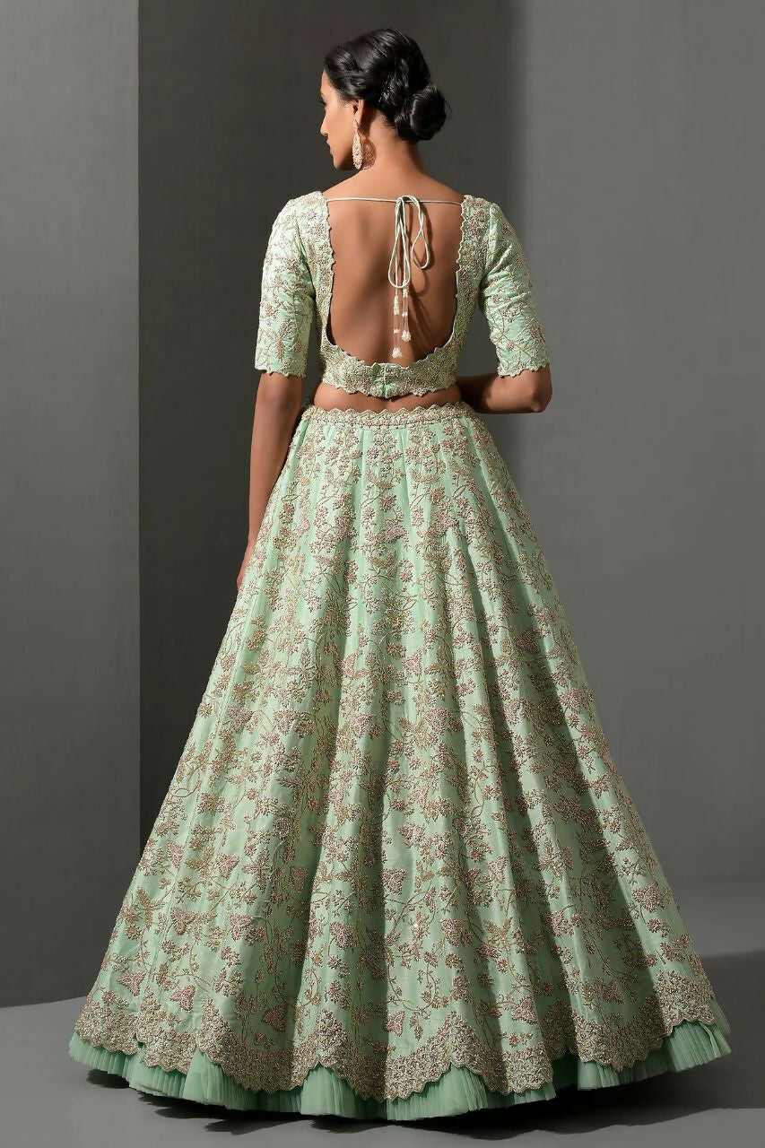 Sea Green Mulberry Silk Lehenga Choli with Ruffle Detail