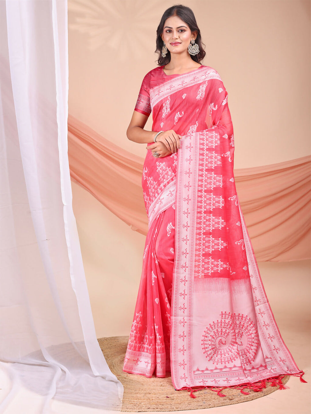 Varnika Pink Linen Cotton Saree with Matching Blouse