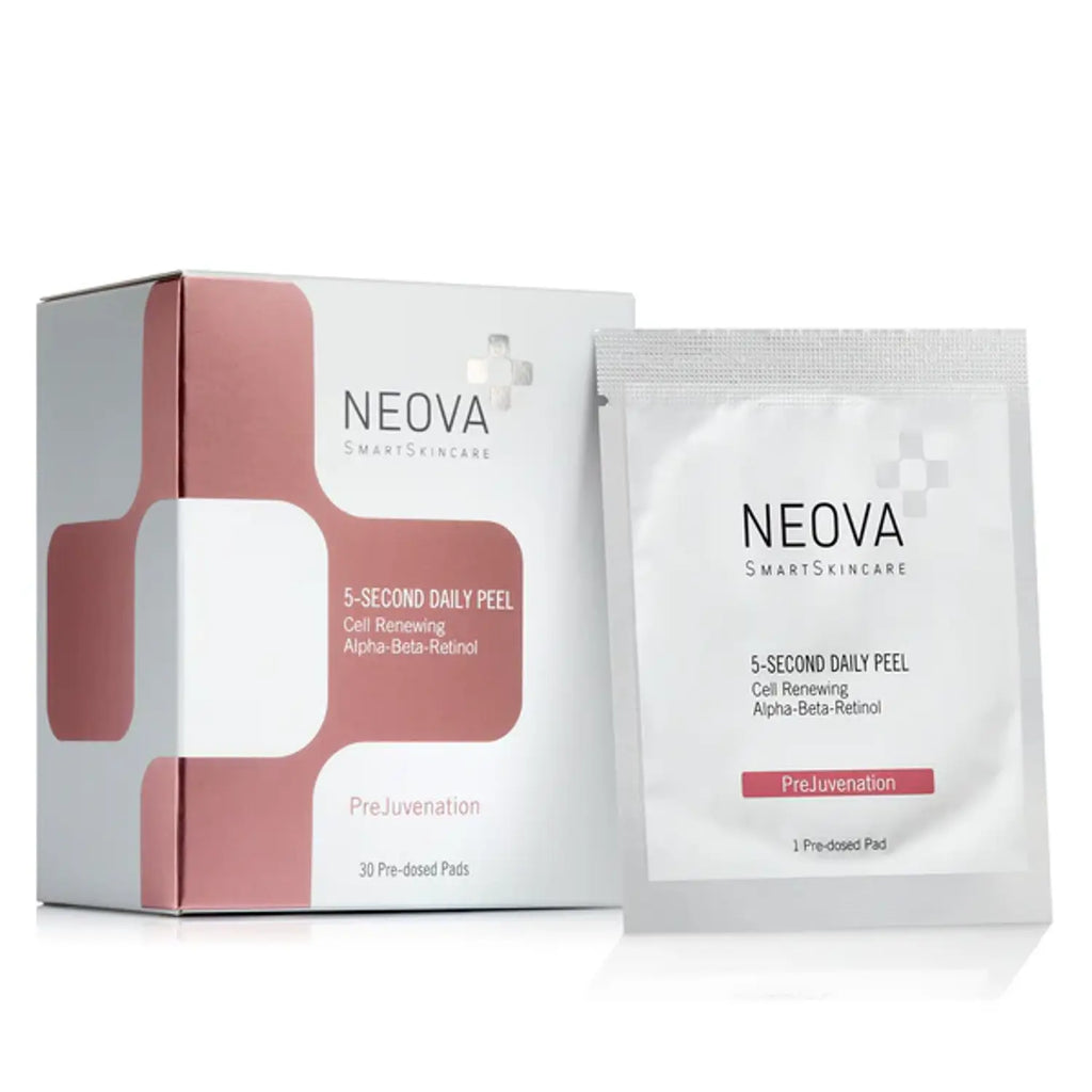 Neova 5-Second Daily Peel container with white and dusty-rose branding.
