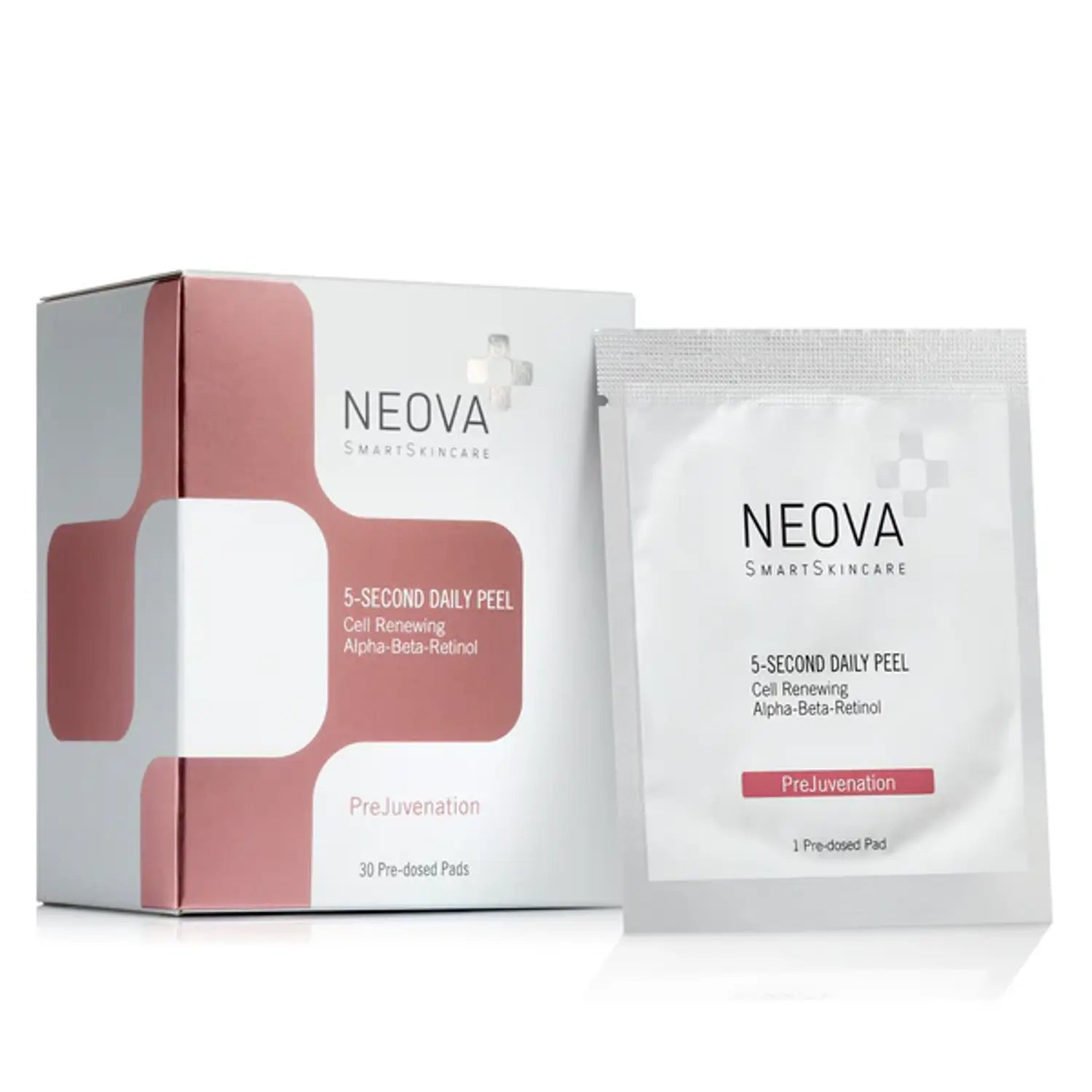Neova 5-Second Daily Peel container with white and dusty-rose branding.