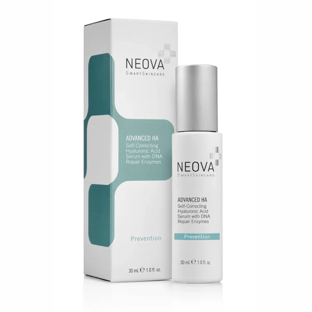 White and silver bottle of Neova Advanced HA 1 oz serum on a minimalist background
