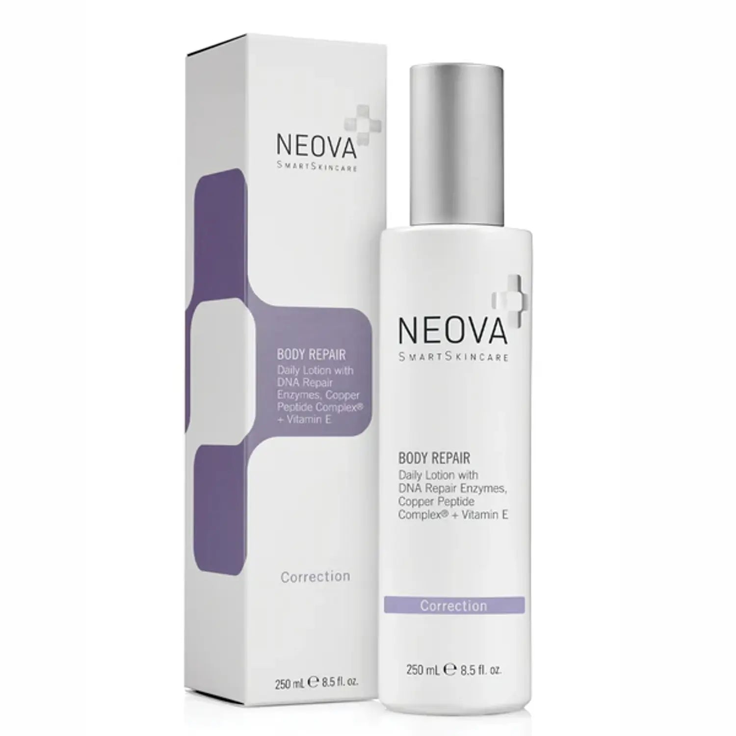 8.5 oz bottle of Neova Body Repair lotion featuring a minimalist white, silver, and purple design