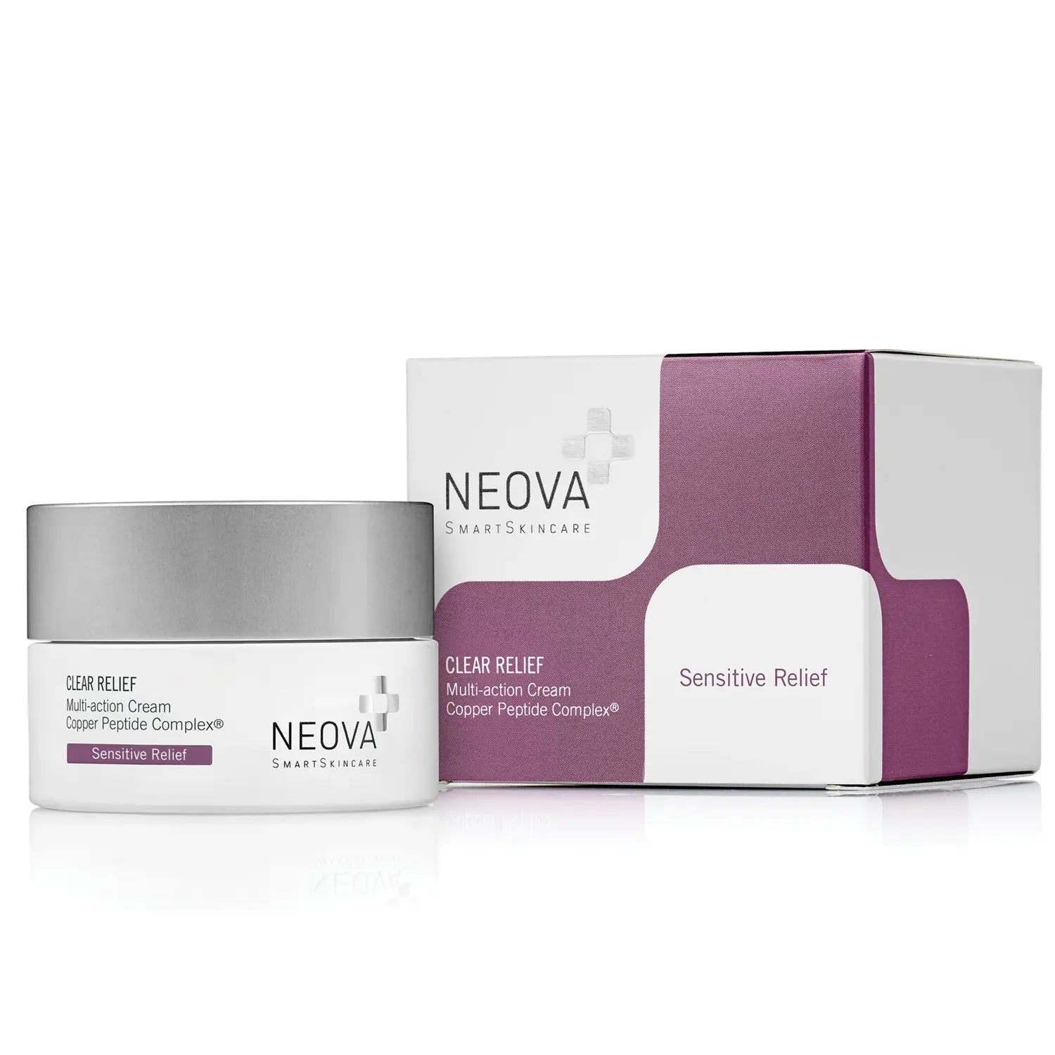 Neova Clear Relief multi-action hydrating cream in a white and silver jar