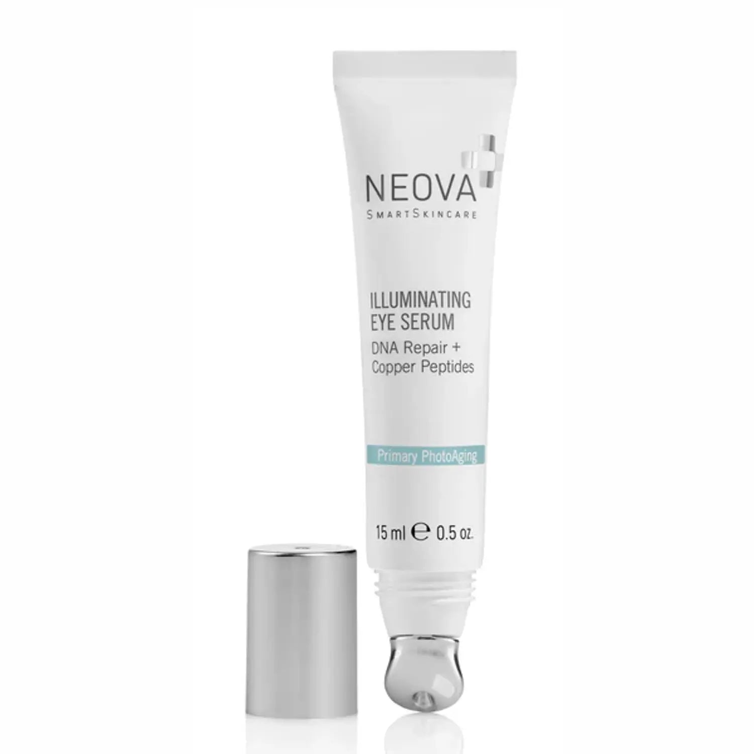 Neova Illuminating Eye Serum in white and silver packaging, 0.5 oz bottle