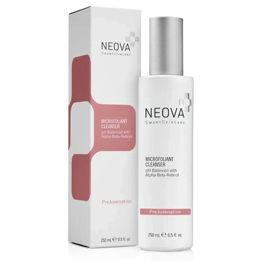 Neova Microfoliant Cleanser 8.5 oz bottle in white and silver minimalist packaging