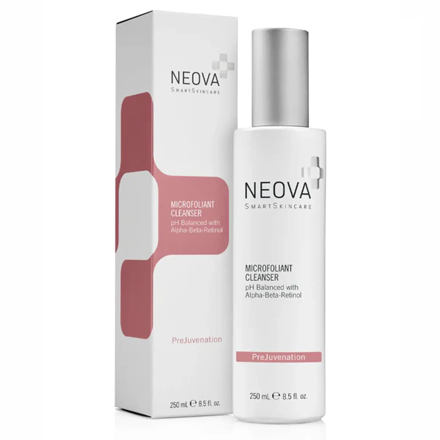 Neova Microfoliant Cleanser 8.5 oz bottle in white and silver minimalist packaging
