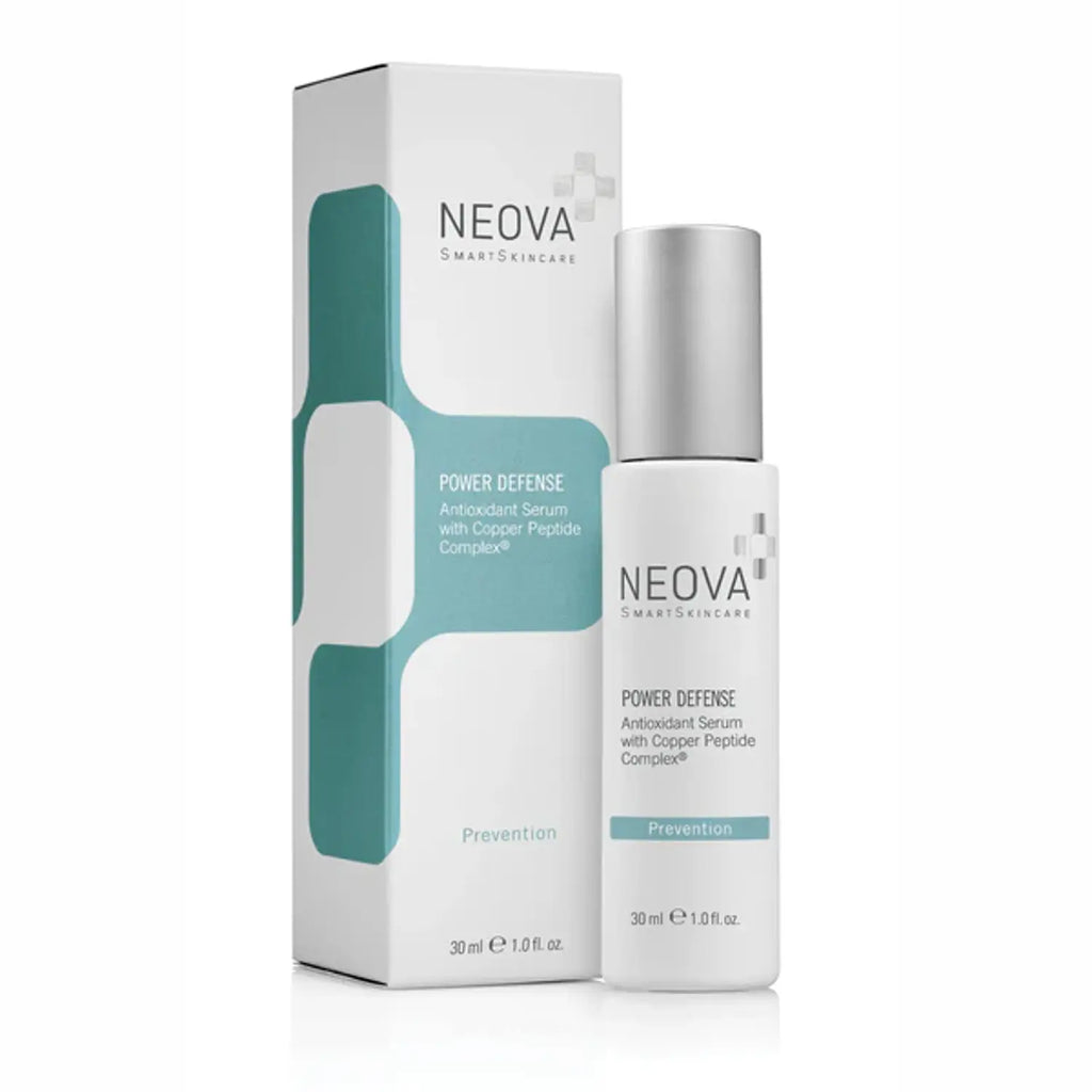 Neova Power Defense 1.0 oz serum bottle in clinical white and teal packaging with a pump dispenser.