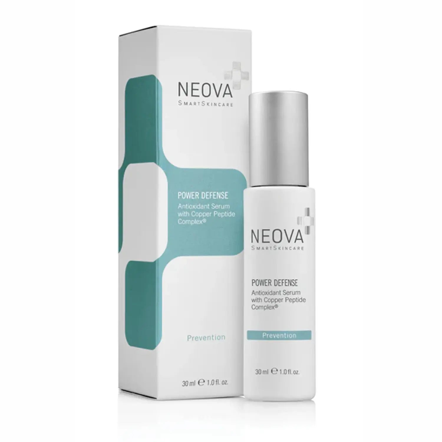 Neova Power Defense 1.0 oz serum bottle in clinical white and teal packaging with a pump dispenser.