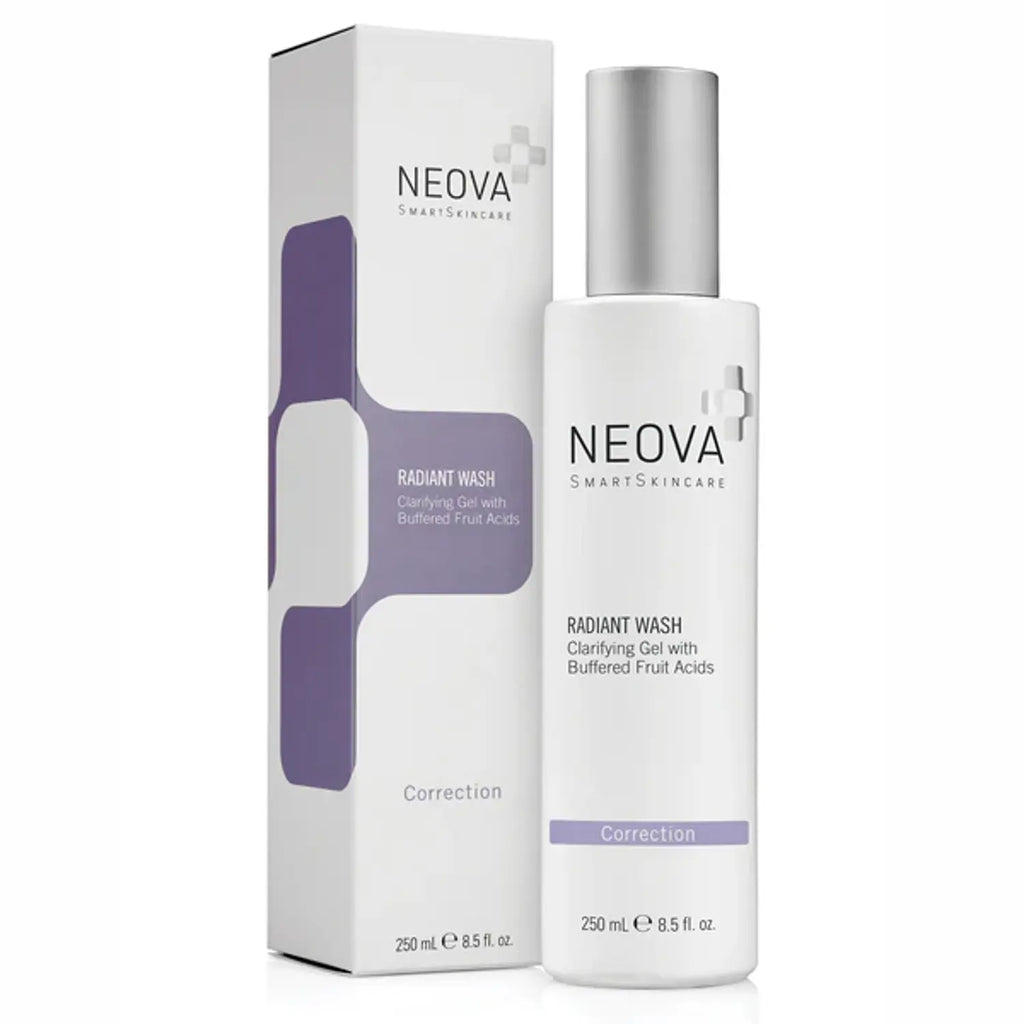 Neova Radiant Wash 8.5 fl. oz. clarifying gel cleanser in white and purple bottle