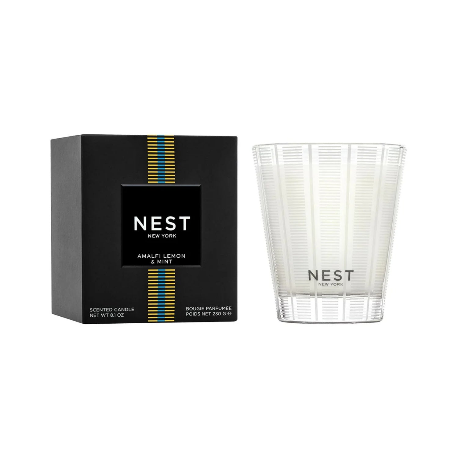 Amalfi Lemon and Mint scented candle in a glass container on a bright background