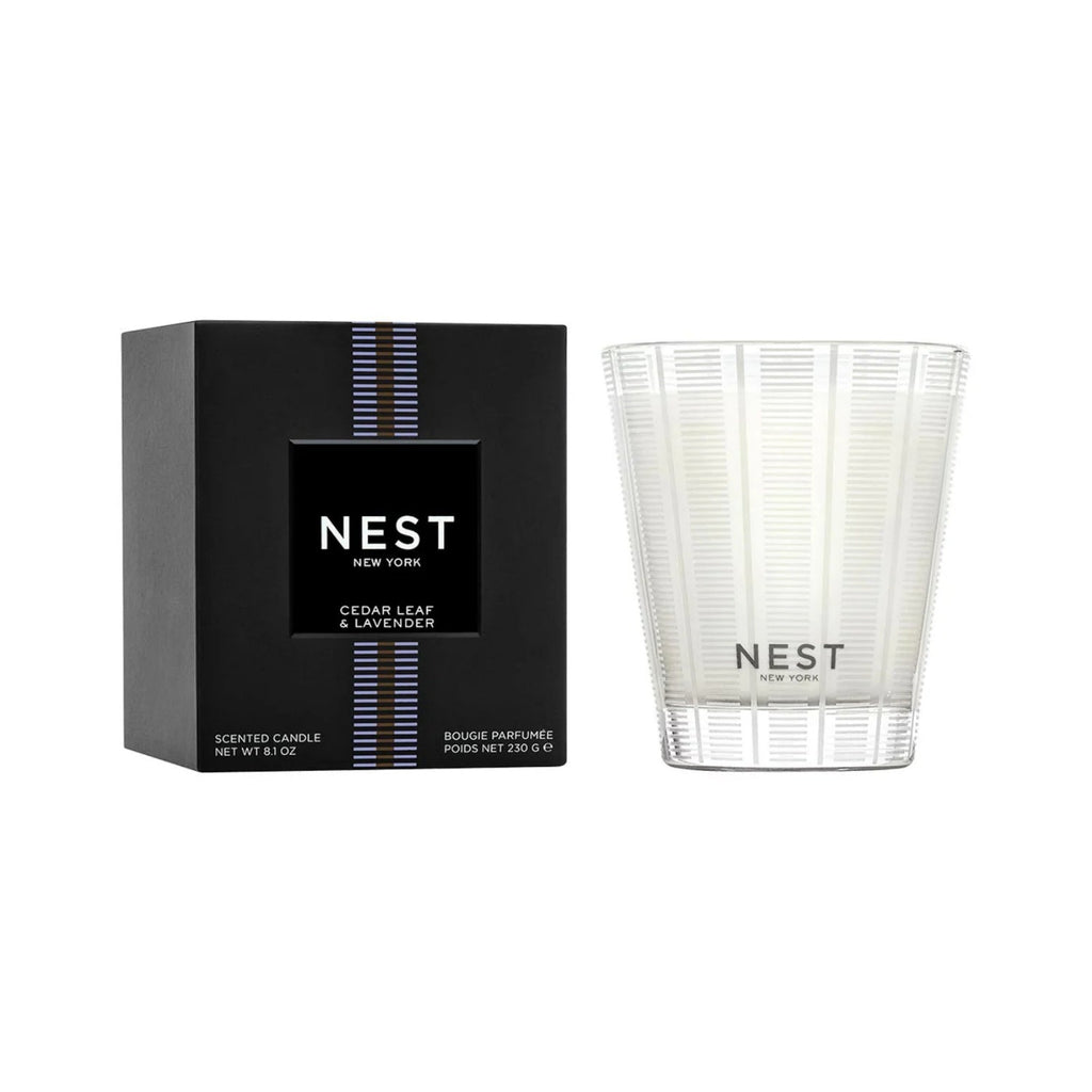 Premium glass jar candle with Cedar Leaf and Lavender fragrance label