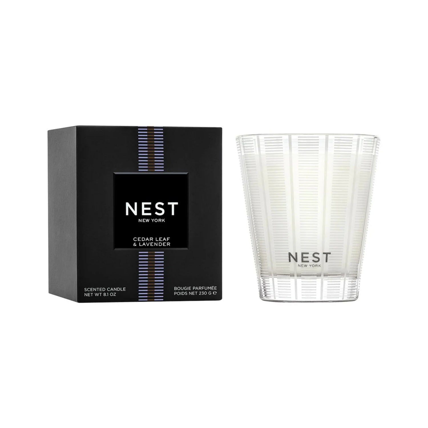 Premium glass jar candle with Cedar Leaf and Lavender fragrance label