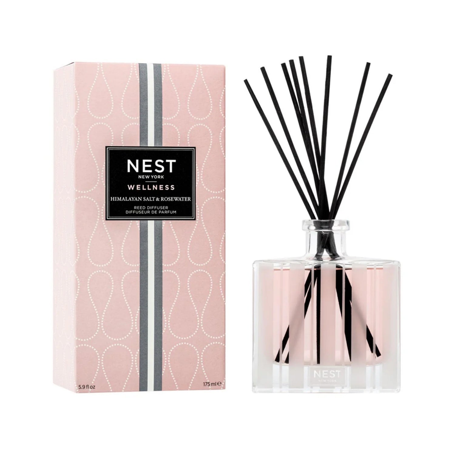 Nest New York Himalayan Salt & Rosewater Reed Diffuser with elegant glass bottle and reeds