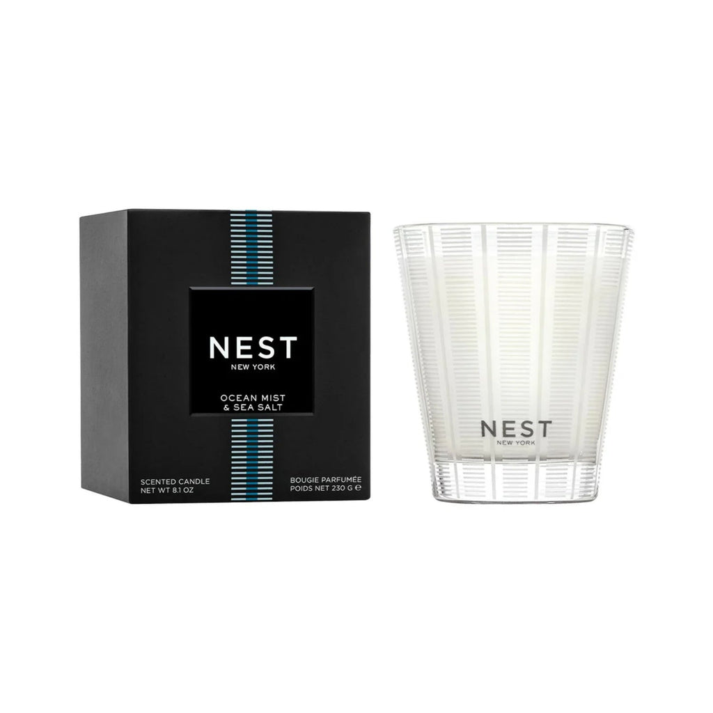 Minimalist Ocean Mist & Sea Salt scented candle in a modern glass vessel