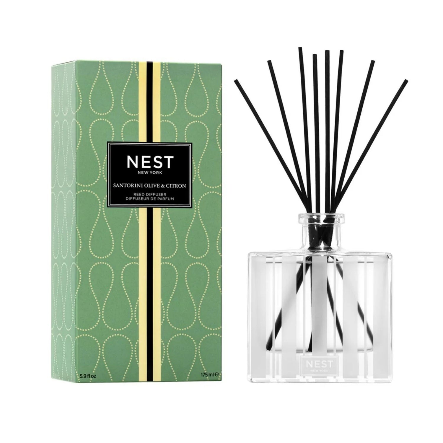 Nest New York Santorini Olive and Citron Reed Diffuser 5.9 OZ in a glass vessel with fragrance reeds.