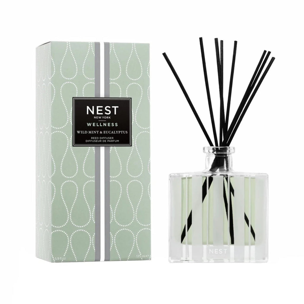 Nest New York Wild Mint & Eucalyptus Reed Diffuser in a 5.9 OZ glass bottle with reeds.