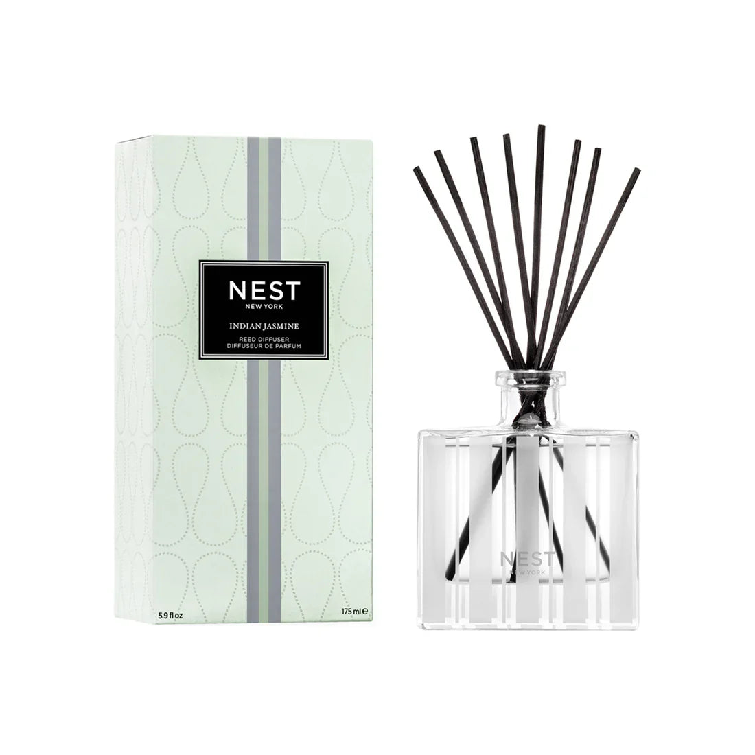 Indian Jasmine 5.9 oz reed diffuser in a modern striped glass bottle with a minimalist aesthetic.