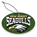 New Jersey Seagulls graphic air freshener hanging from a car rearview mirror
