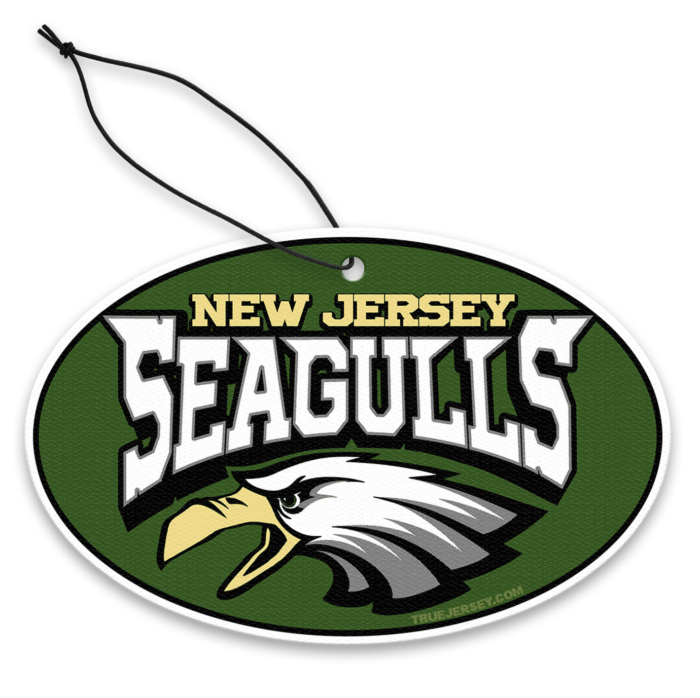 New Jersey Seagulls graphic air freshener hanging from a car rearview mirror