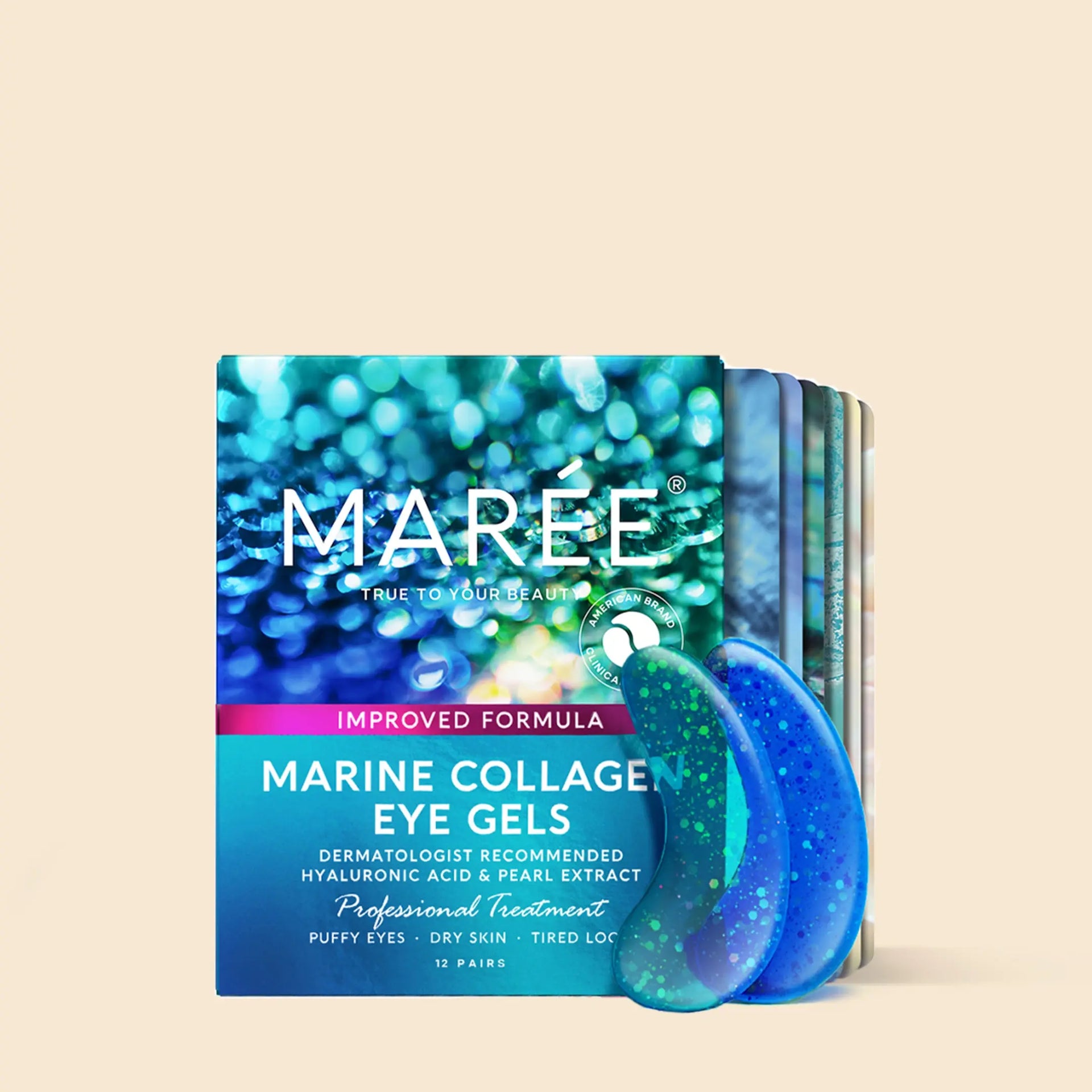 Maree Marine Collagen Eye Gels box with blue hydrogel patches showing 12 pairs packaging