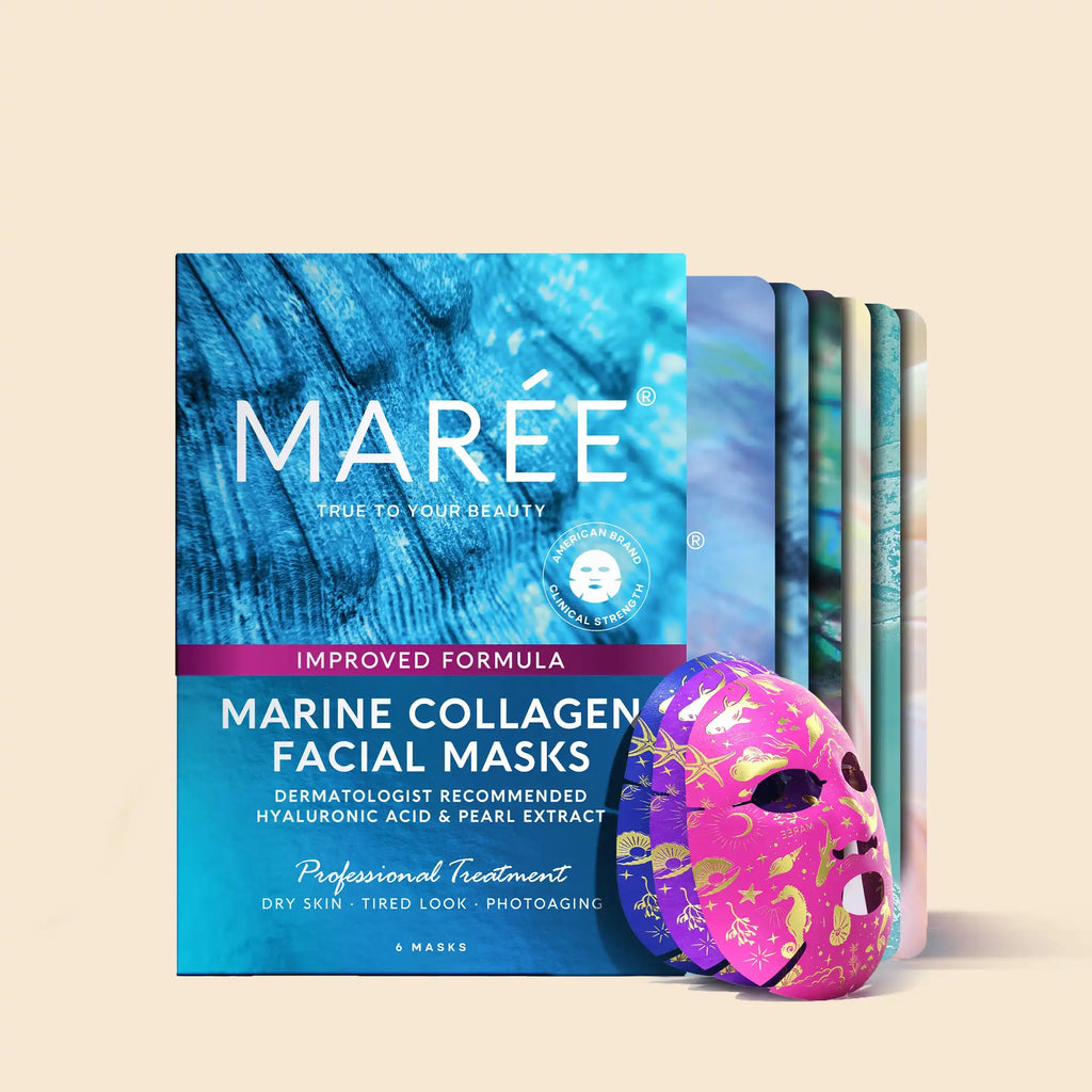 Pack of Marine Collagen facial sheet masks featuring marine motifs and active ingredient labels