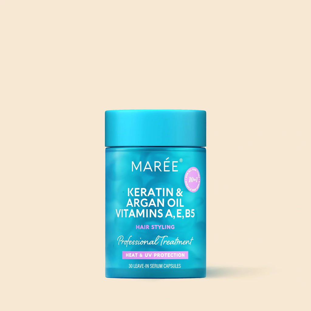 Blue jar containing 30 Keratin and Argan Oil hair serum capsules for professional hair treatment