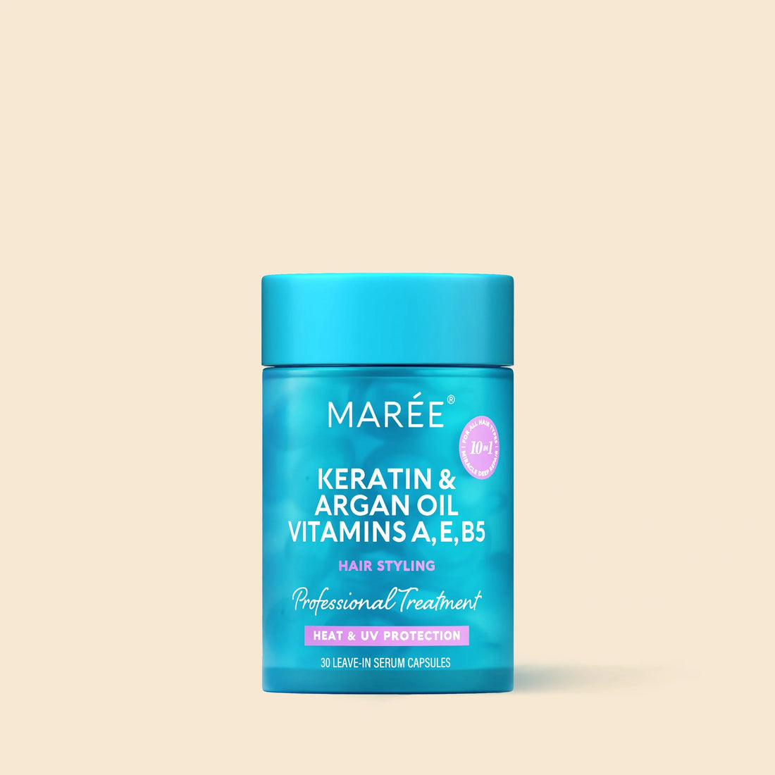 Blue jar containing 30 Keratin and Argan Oil hair serum capsules for professional hair treatment