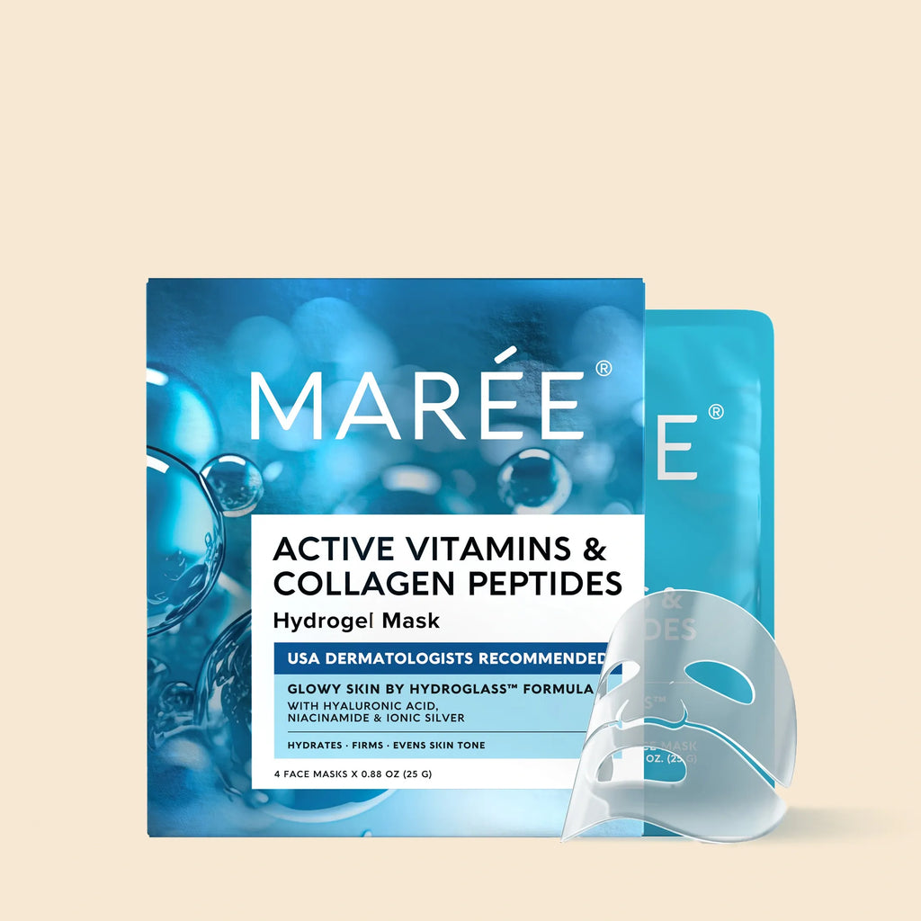 Model applying a transparent hydrogel face mask with packaging labeled Active Vitamins & Collagen Peptides.