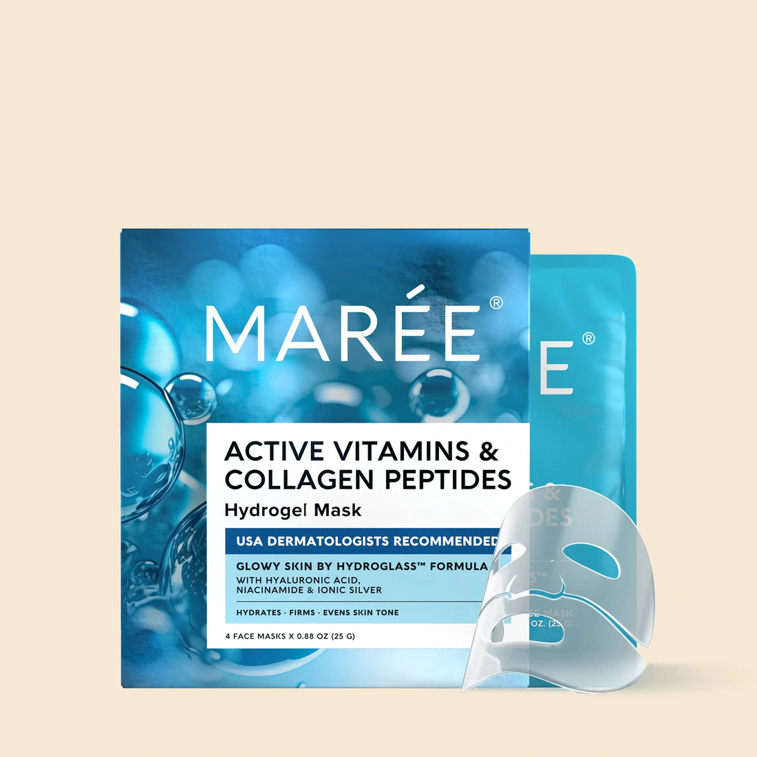 Model applying a transparent hydrogel face mask with packaging labeled Active Vitamins & Collagen Peptides.