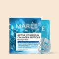Model applying a transparent hydrogel face mask with packaging labeled Active Vitamins & Collagen Peptides.