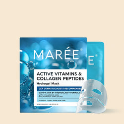 Model applying a transparent hydrogel face mask with packaging labeled Active Vitamins & Collagen Peptides.