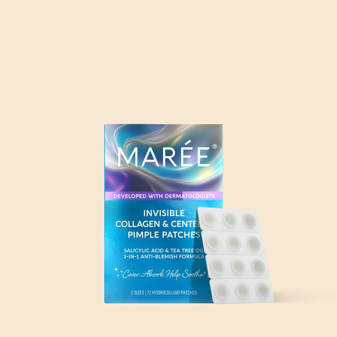Maree invisible collagen and centella pimple patches box with individual hydrocolloid patch sheets displayed.
