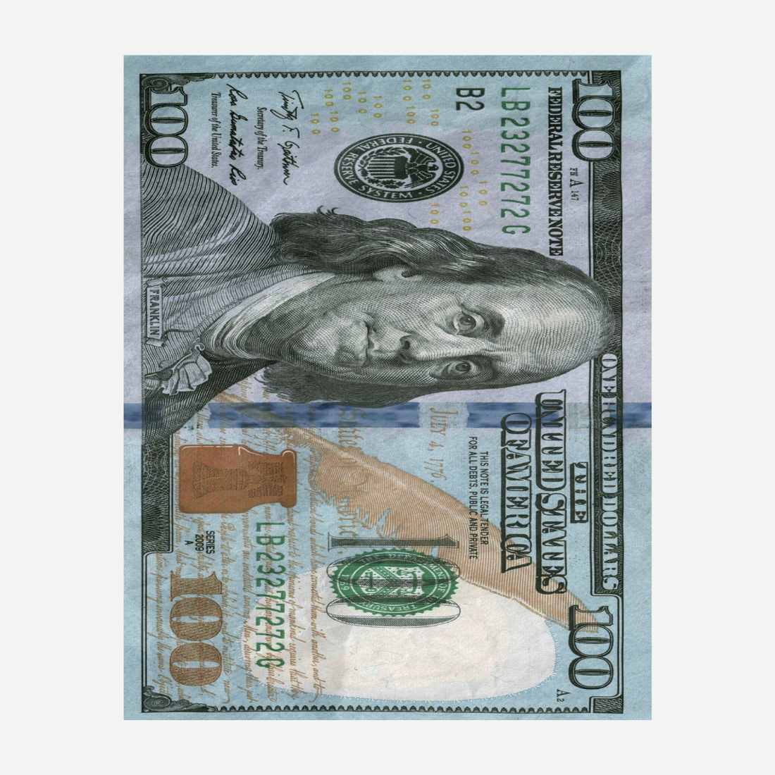 Oversized beach towel featuring a realistic 100 dollar bill graphic print