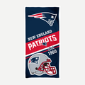 New England Patriots velour beach towel in navy blue featuring the team logo, helmet, and red and white accents