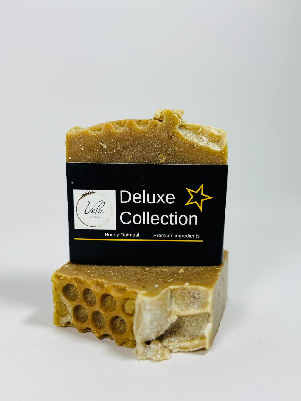 Rustic honey and brown Honey Oatmeal Goat Milk soap bar.