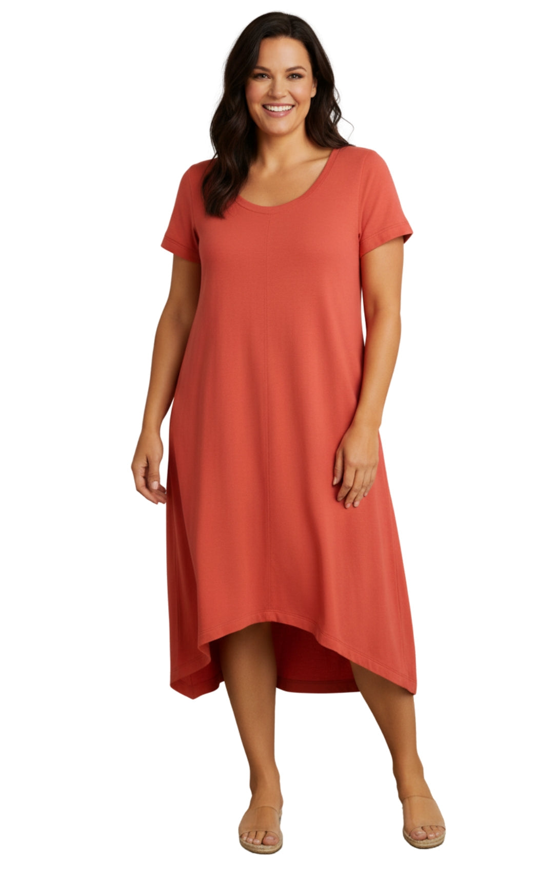 Women's Short Sleeve A-Line Midi Knit Dress with Asymmetrical Hem