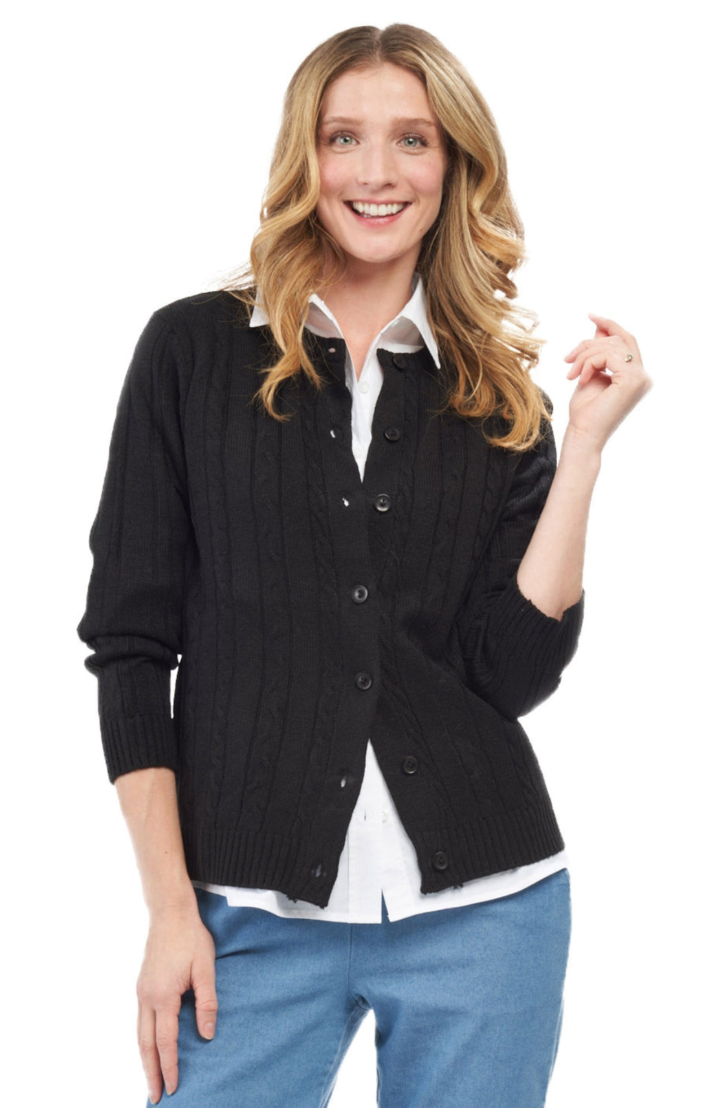 Women's classic cable knit button-front longline cardigan
