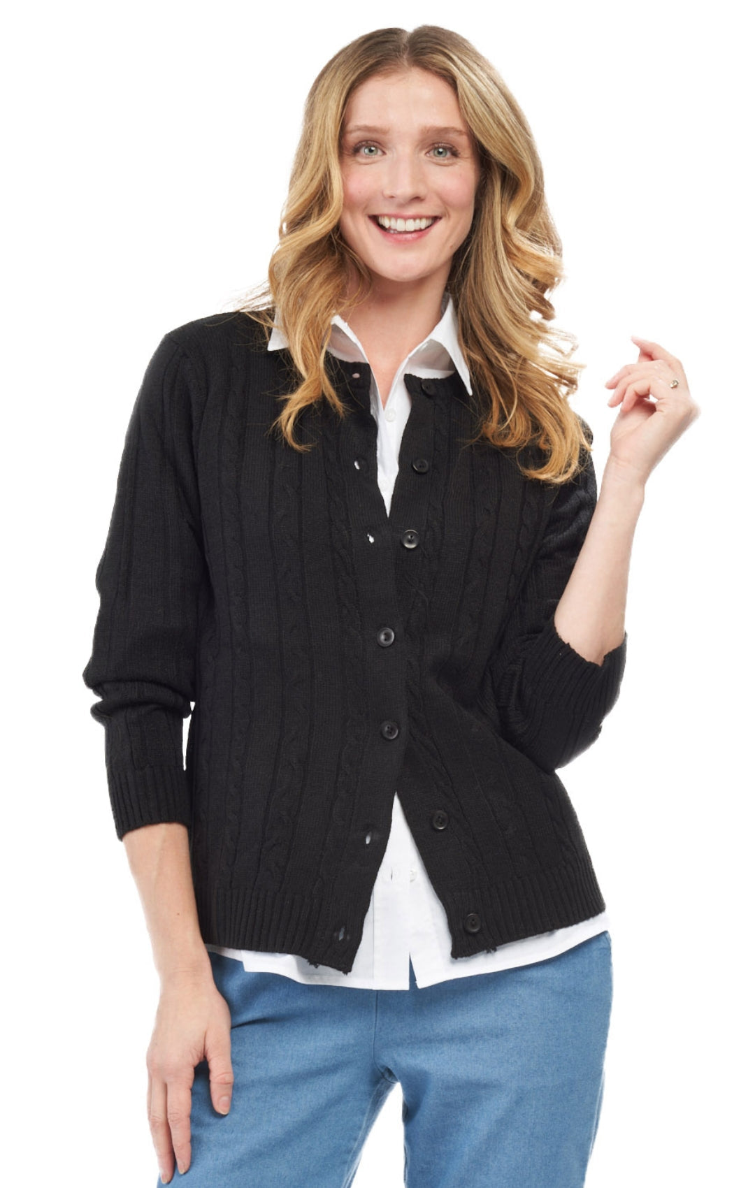 Women's classic cable knit button-front longline cardigan