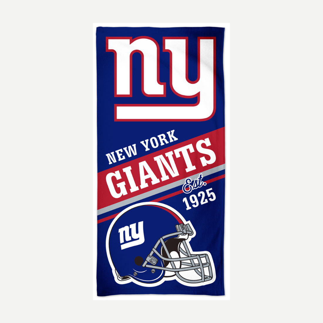 New York Giants beach towel featuring team logo, colors, and helmet graphic